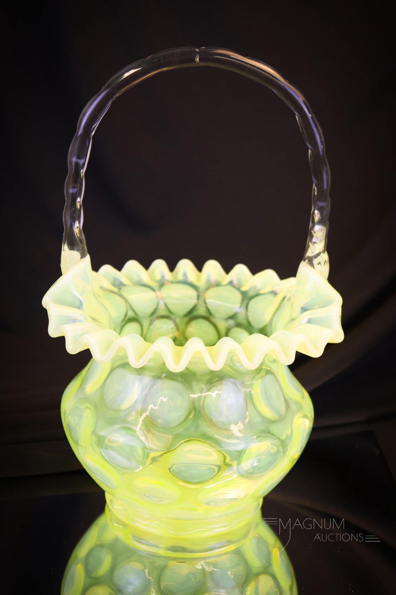 Rare Topaz vaseline Opalescent Coinspot Ruffled Rim Basket: A rare find in Fenton Topaz vaseline opalescent glass. This is a basket measuring 11 1/2"" tall and 7"" wide. This piece has an opalescent coinpsot pattern and wavy ruffled rim. Shipping: At checkout