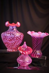 3 pc Lot Fenton Cranberry Opalescent Vases
