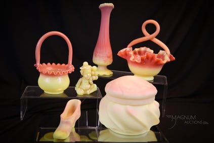 6 pc Lot Fenton & Boyd Uranium Burmese Art Glass