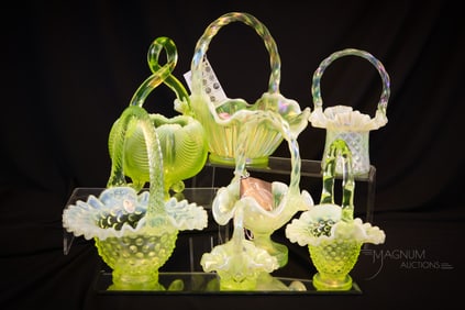 7 pc Lot Fenton Topaz Vaseline Opalescent Art Glass Baskets