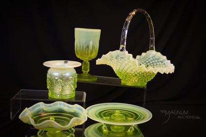 5 pc Lot Fenton Topaz Vaseline Opalescent Glass