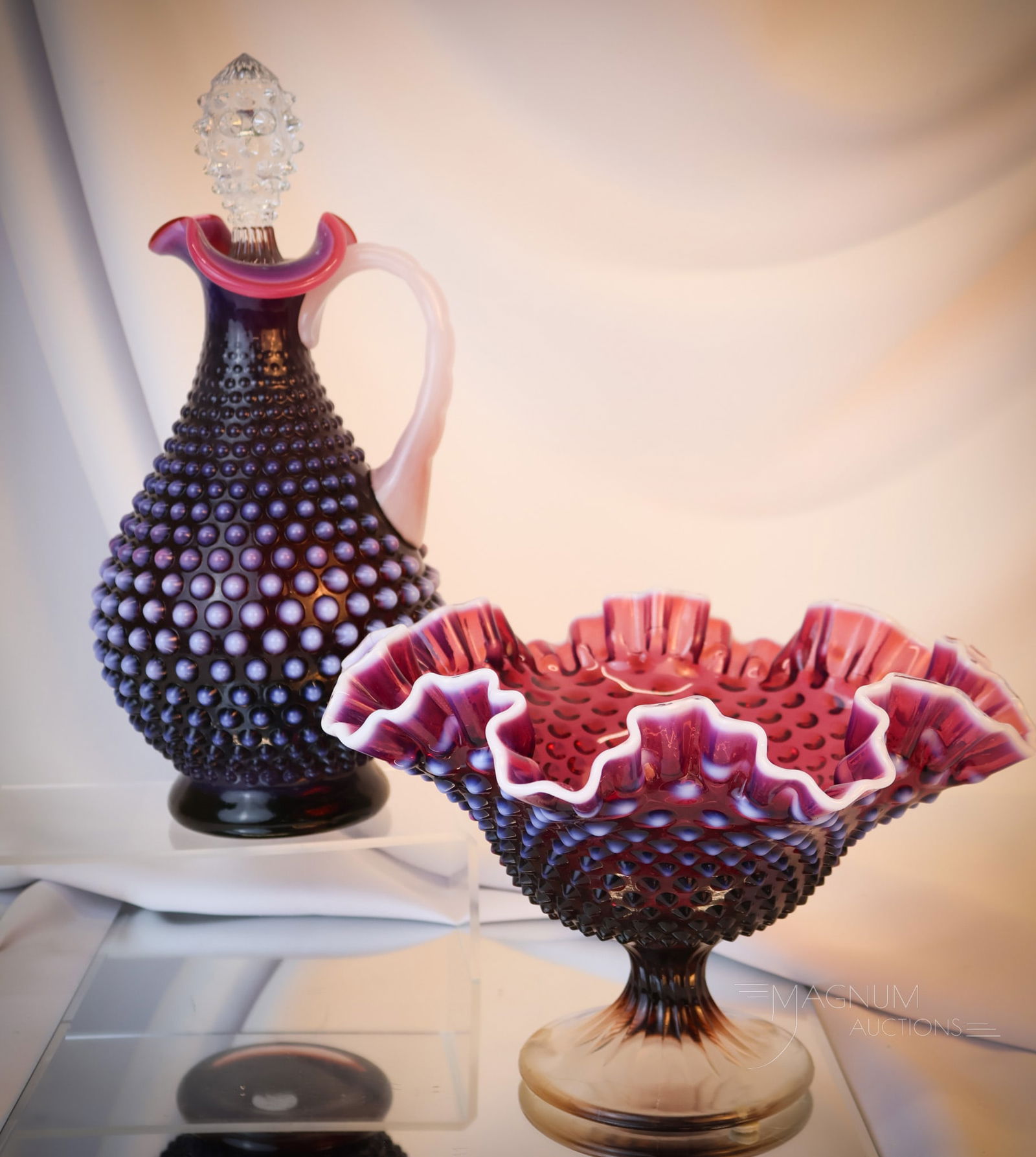 2 pc Lot Fenton Plum Opalescent Hobnail Glass Decanter & Compote (1 of 8)