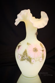 Fenton Art Glass Custard Satin Uranium Louise Piper Pink Hairy Daisies Vase