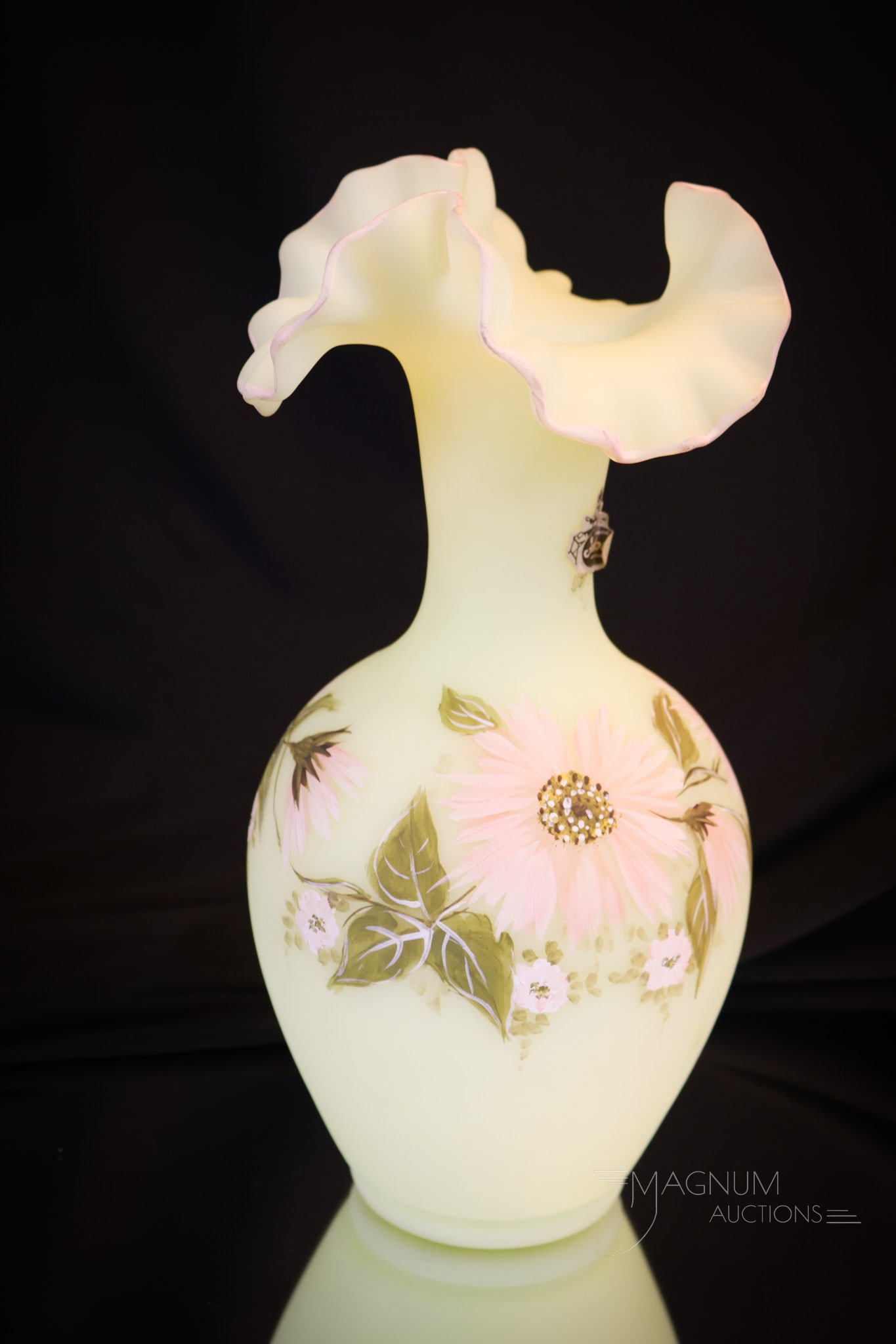 Fenton Art Glass Custard Satin Uranium Louise Piper Pink Hairy Daisies Vase (1 of 4)