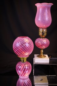 2 pc Lot Fenton Art Glass Cranberry Spiral Optic Lamps Miniature & More