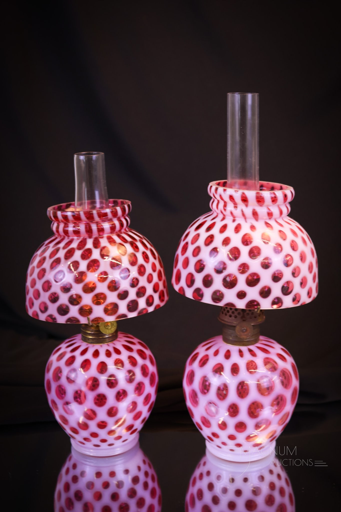 2 pc Lot Fenton L.G.Wright Cranberry Opalescent Honeycomb Miniature Oil Lamps (1 of 7)