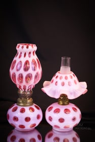 2pc Lot Fenton Cranberry Opalescent Miniature Oil Lamps