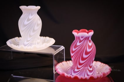 2 pc Lot Fenton Swirled Feather Cranberry & Opalescent Fairy lamps