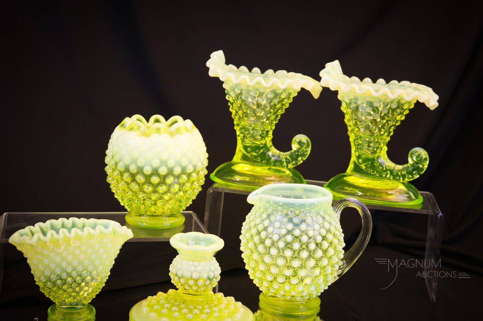 6 pc Lot Fenton Topaz Vaseline Opalescent Hobnail Glass (1 of 6)