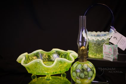 3 pc Lot Fenton Topaz Vaseline Opalescent Glass
