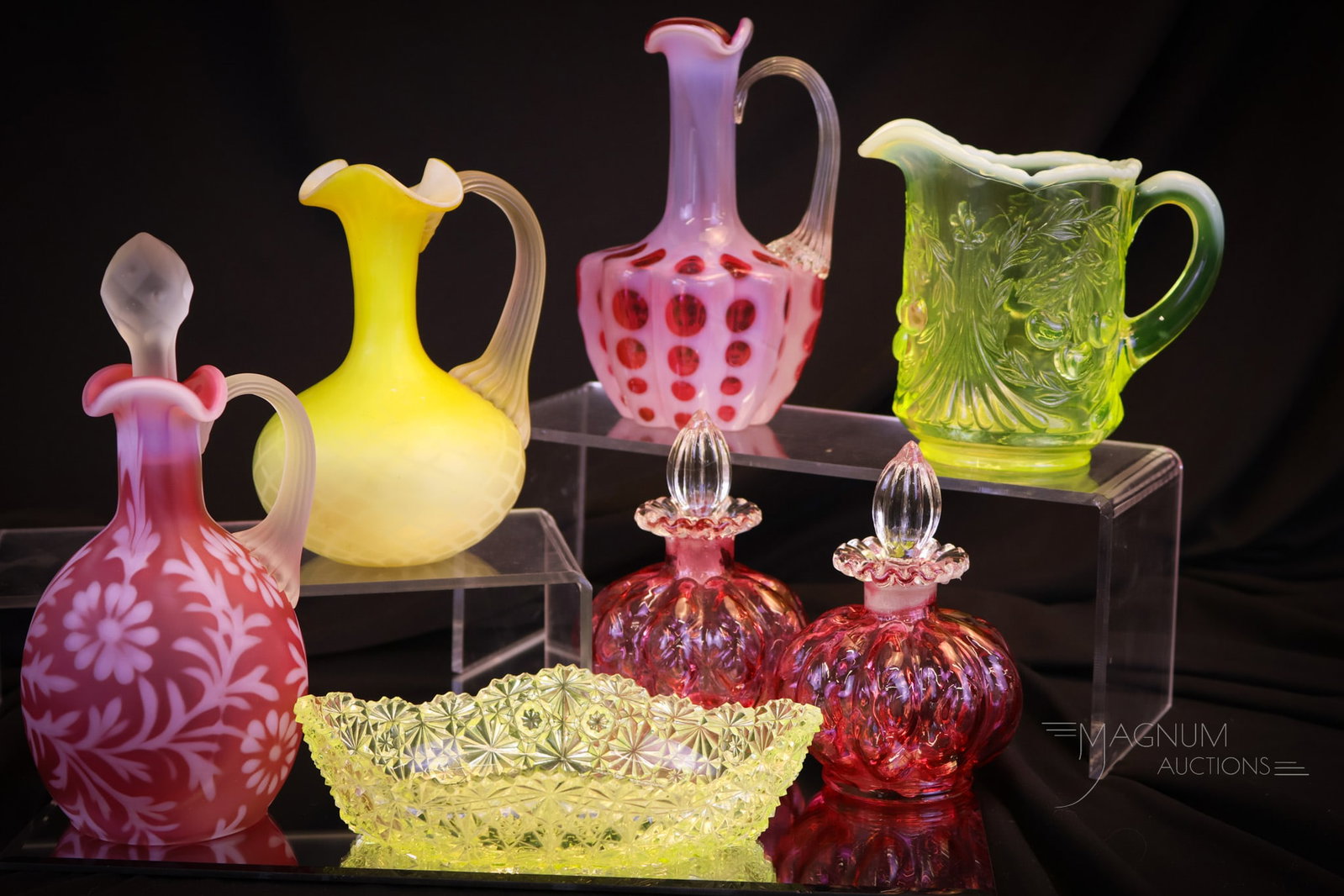 7 pc Lot Love of Fenton Glass & More: Folks take note of the beauties before your eyes. This lot of love in Fenbton and more glass includes eye-catching examples for your bidding pleasure. There are two Fenton cranberry perfumes. There ar