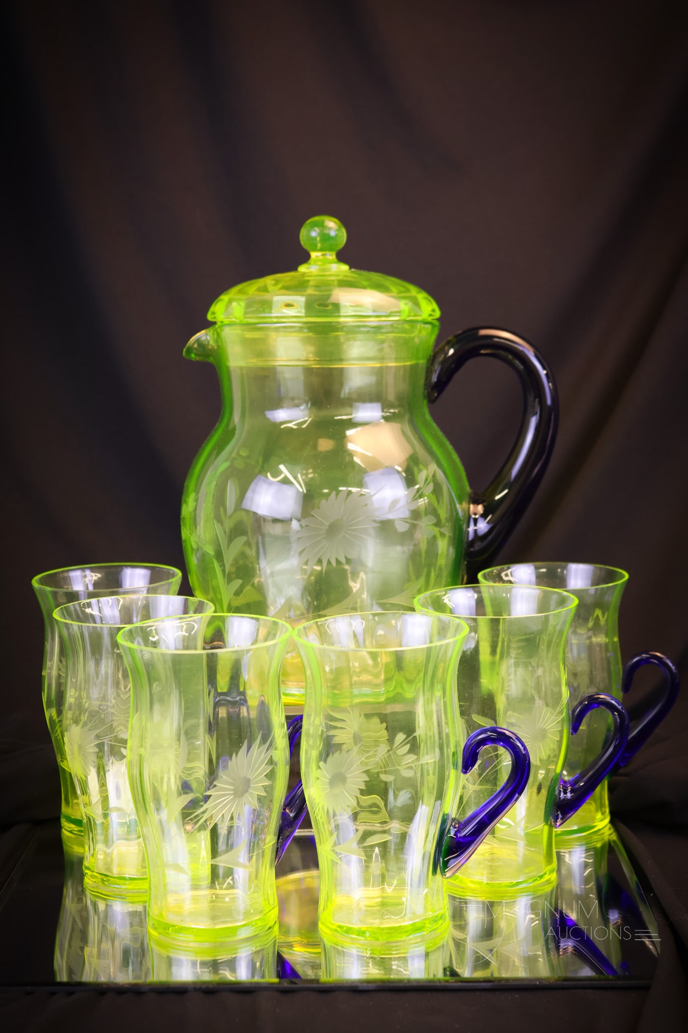 7 pc Fenton circa 1930's Vaseline & Blue Etched Art Glass Water Set (1 of 8)