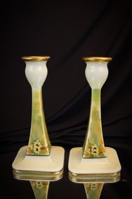 Cambridge Ivory Uranium Glass Enameled & Gilt Candlesticks