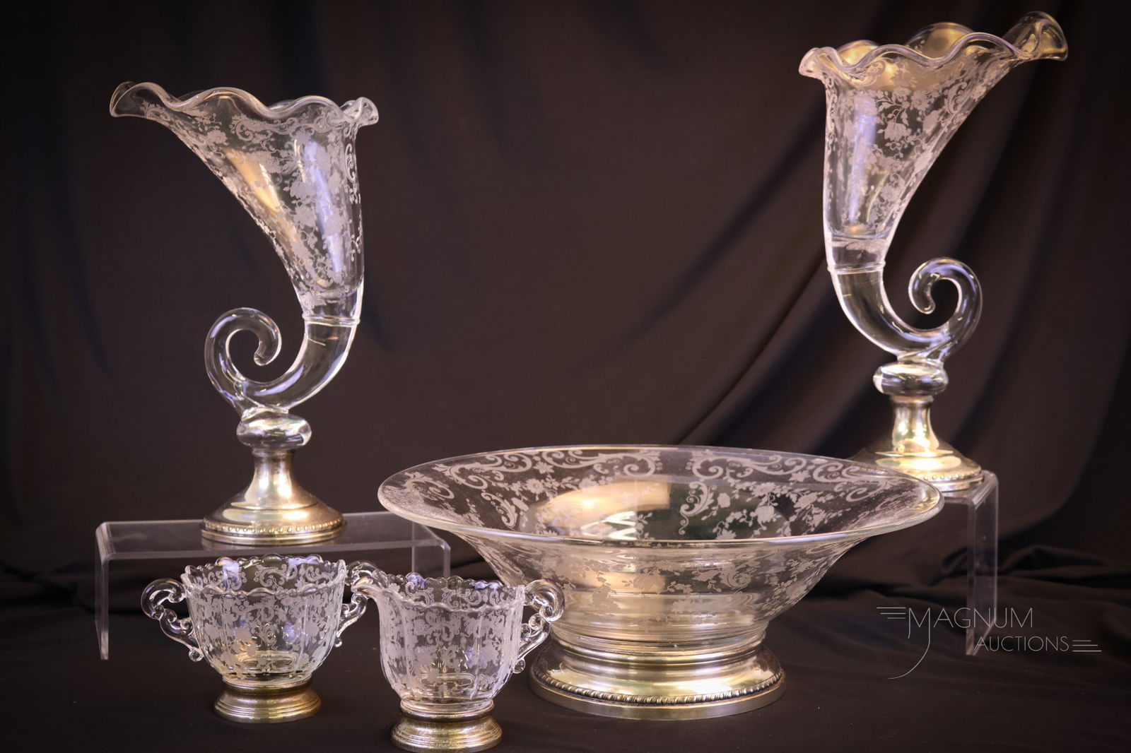 5 pc Lot Cambridge Glass Chantilly Etch with Sterling (1 of 12)