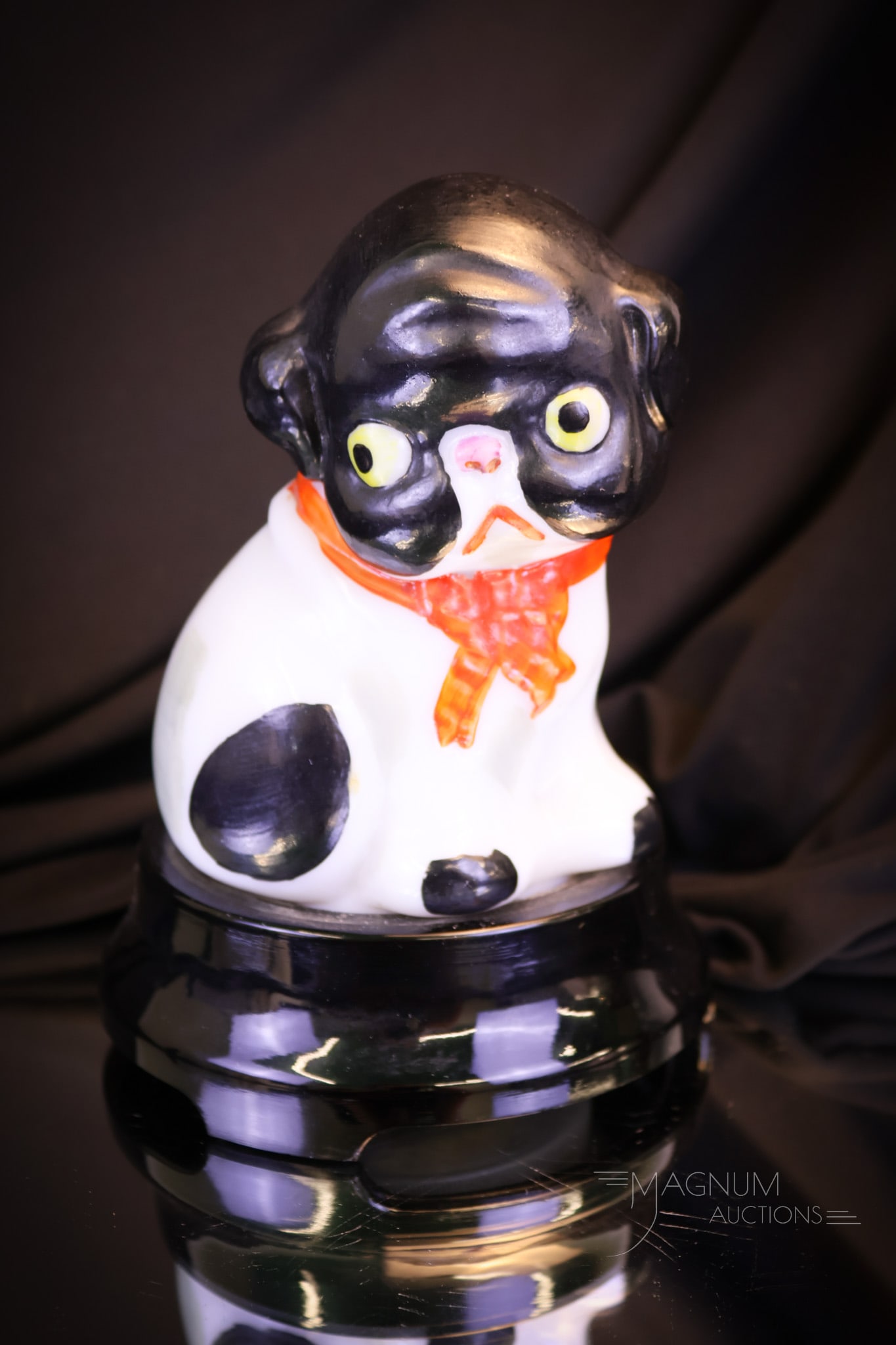 Gillinder Decorated Glass Puppy Dog Boudoir Lamp: A super cute Gillinder Glass Co. puppy dog lamp. This lamp features a hand-painted shade along with glass eyes and complete on the original black glass base. The lamp measures 6 1/2"" tall and 4 1/2""
