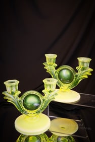 Rare Pair of Duncan Miller Sanibel Line Vaseline Opalescent "First Love" Candleholders