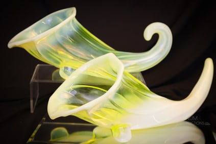 Pair Duncan Miller Sanibel Line Vaseline Opalescent Glass Cornucopias