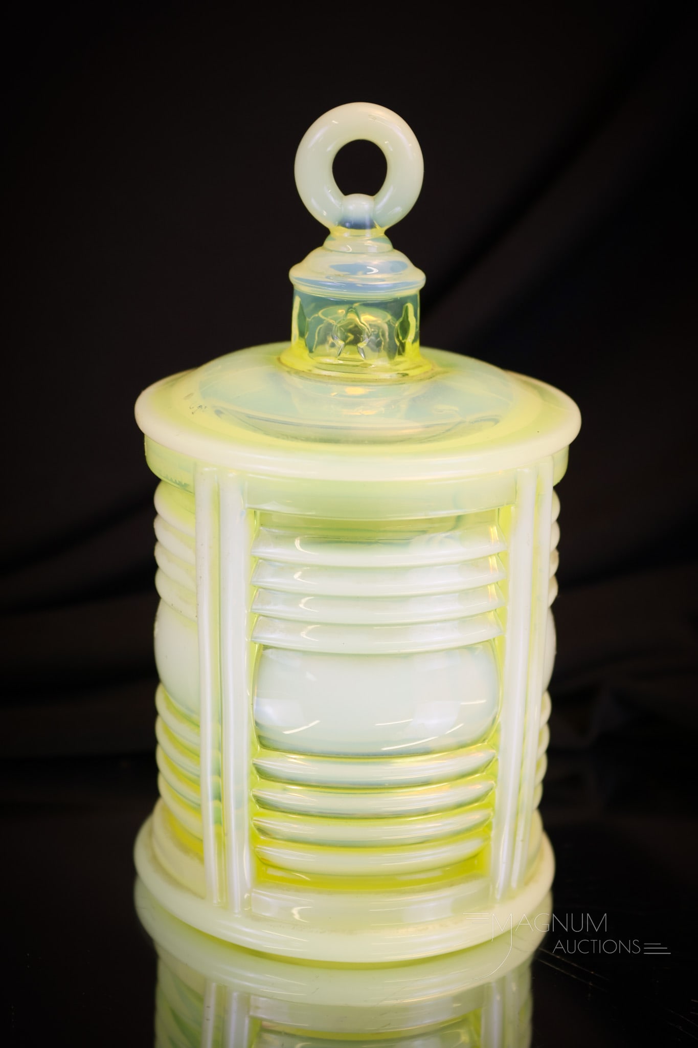 Duncan Miller Sanibel Line Nautical Vaseline Opalescent Glass Cigarette Jar (1 of 6)