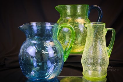 3 pc Lot Vaseline & Blue Crackle Glass Pitchers