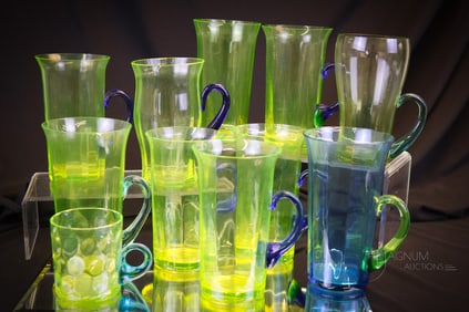 11 pc Lot Vaseline & Blue Glass Tumblers