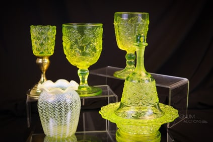 5 pc Lot Delights in Glowing Vaseline Glass