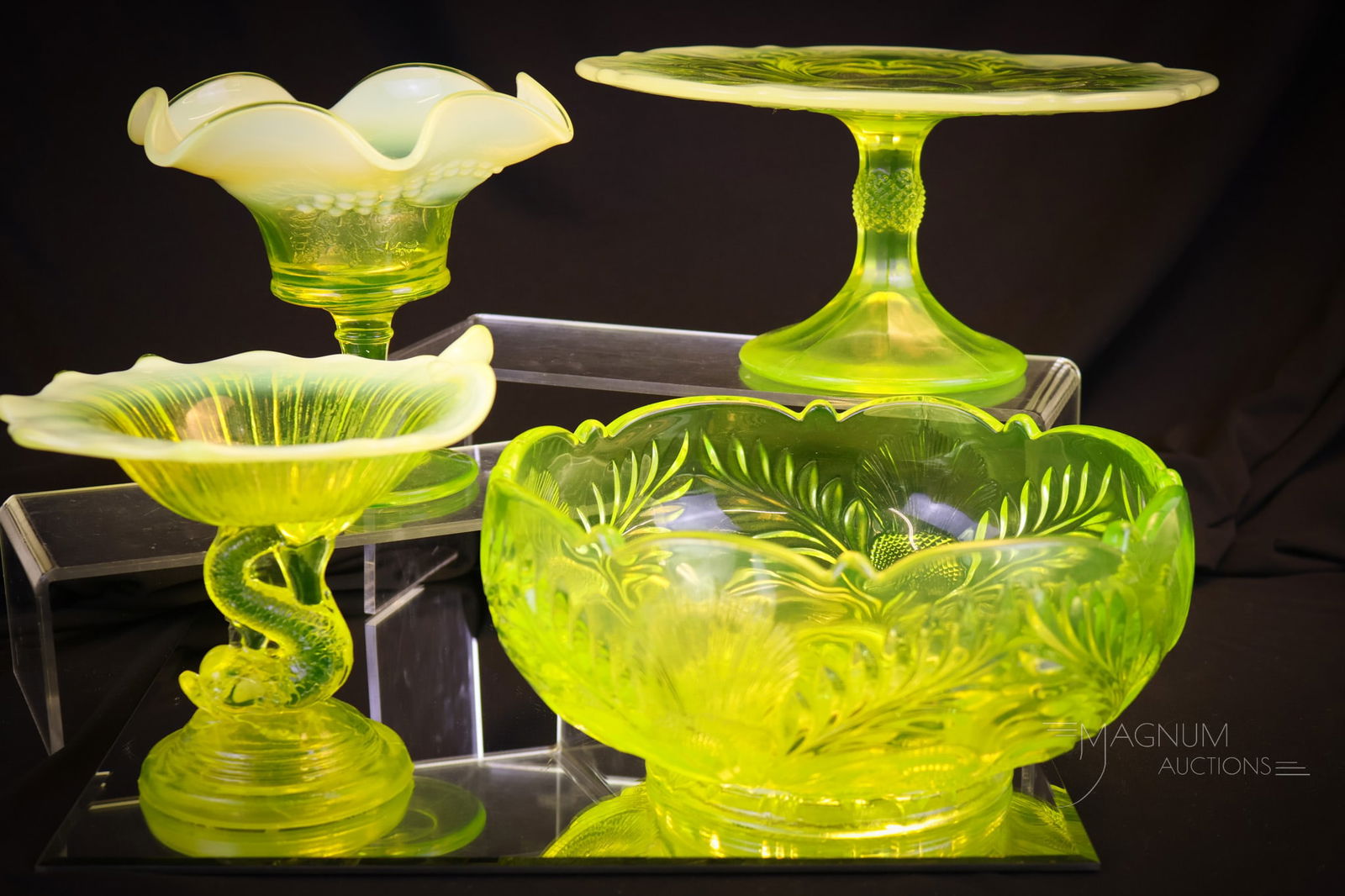 4 pc Lot Mosser & Fenton L.G. Wright Vaseline Opalescent Glass (1 of 10)