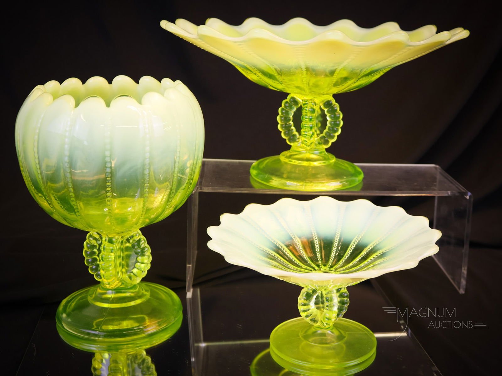3 pc Lot Fenton L.G. Wright Vaseline Opalescent Glass (1 of 7)