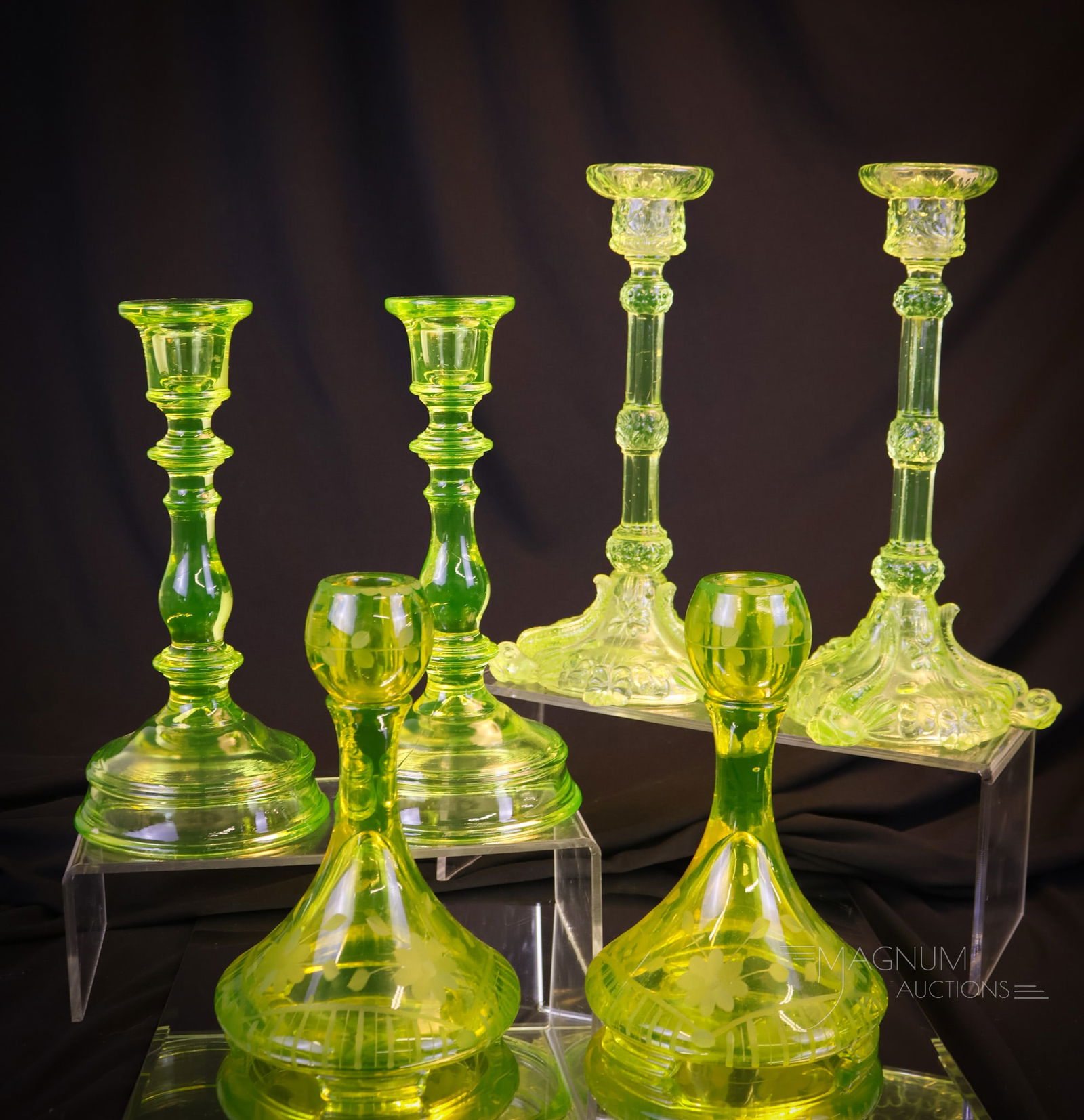 3 Pairs Vaseline Fostoria Portieux & More Glass Candlesticks (1 of 12)