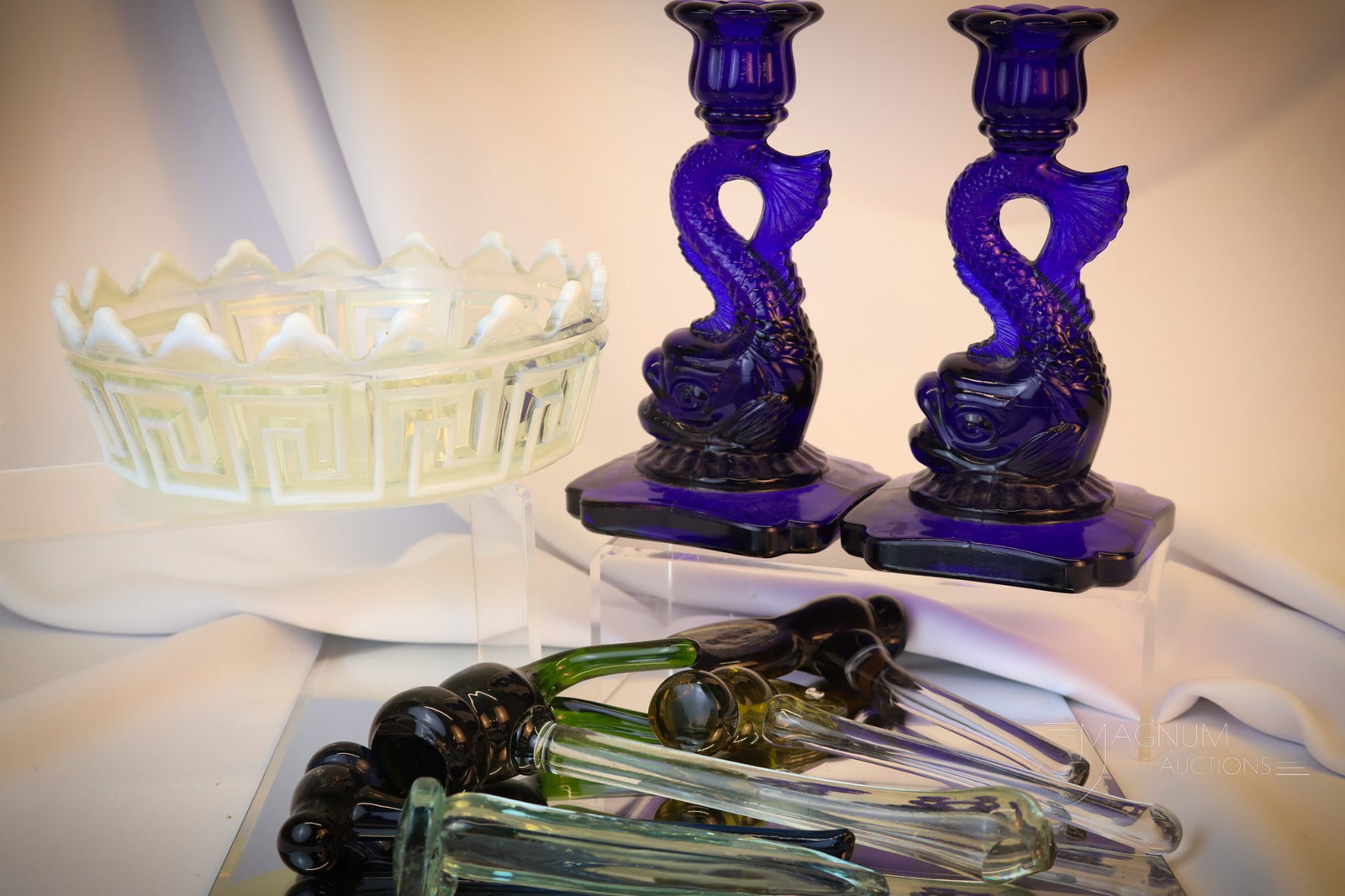 8 pc Lot Victorian & More Glass Consolidated Tiffin & Summit: Eight collection enhancing finds in glass for your bidding pleasure. This lot includes a Fostoria Double Greek Key Master berry bowl in white opalescent. A pair of Summit glass cobalt Dolphin candlest