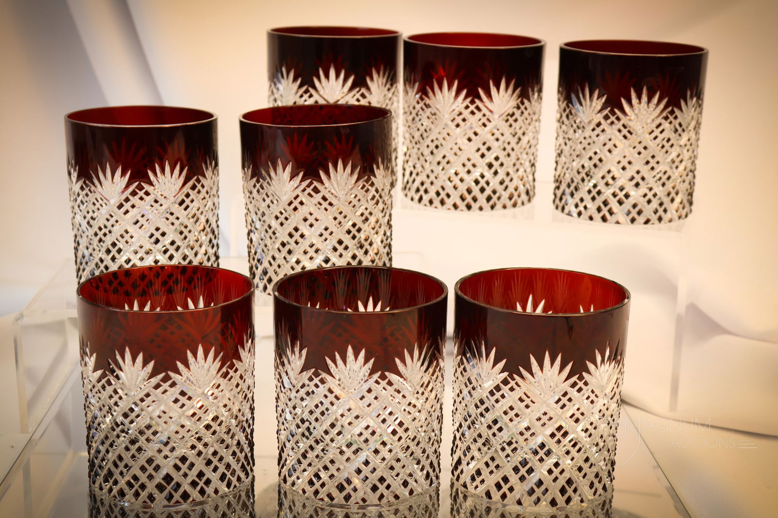 8 pc Set Rexford Ruby Cut to Clear Glass Waffle & Fan High Rocks Tumblers (1 of 7)