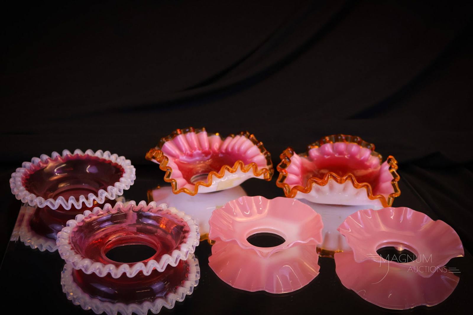 6 pc Lot Art Glass Bobeches: Here's a nice offering of six art glass bobeches. Two are made in cranberry glass with opal applied rims. Two are peachblow glass with amber rims. The final two examples are opaque pink glass. The tal