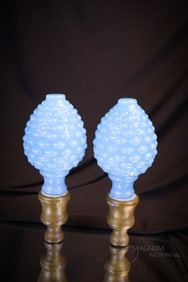 Pair of Victorian Blue Opaline Glass Newel Post Finals Curtain Finials