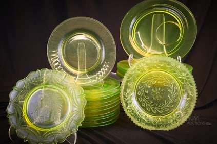 20 pc Lot Elegant Depression Era Vaseline Glass Plates