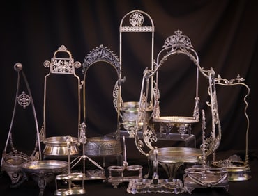 13 pc Lot Victorian Silverplate Brides Basket Pickle Castor Frames & More
