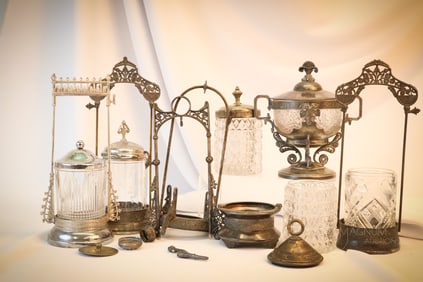 18 pc Lot Victorian Silverplate & Glass Castor Parts