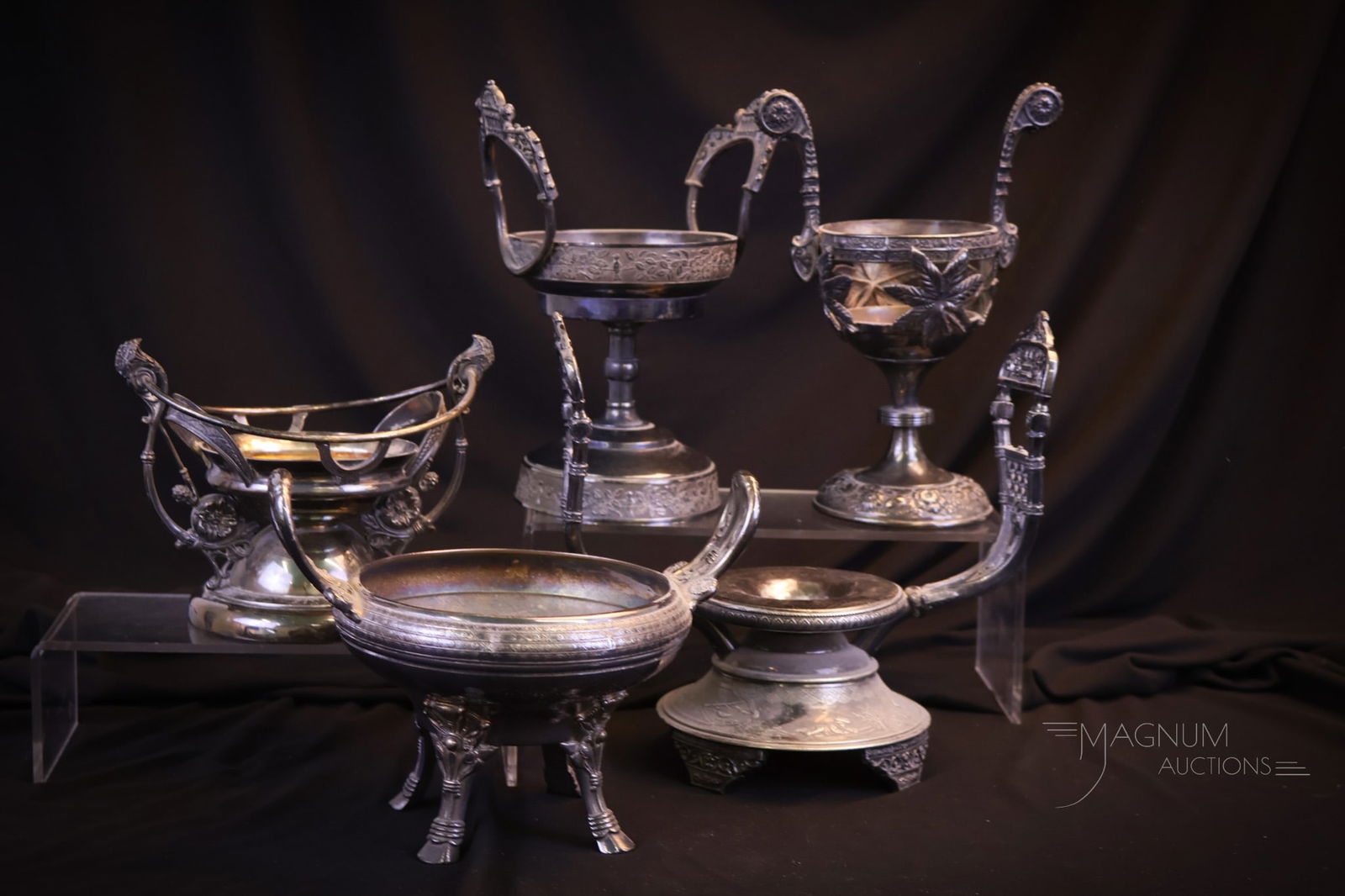 5 pc Lot Victorian Silverplate Brides Basket Bowl & Celery Vase Frames (1 of 10)