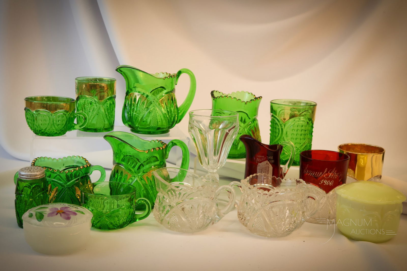17 pc Victorian Heisey Glass Emerald Ruby Stained Custard & More (1 of 7)