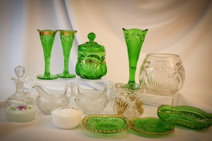 14 pc Lot Victorian Heisey Glass Emerald Opal & More