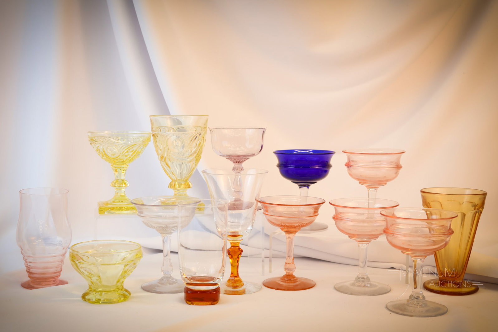 14 pc Heisey Glass Flamingo Sahara Cobalt Amber & More: Fourteen fine examples of Heisey glass in various patterns, colors, and forms. Did you see the rare piece in the lot? The tallest measures 6 1/2"" Shipping: At checkout, select ""Arrange your own ship