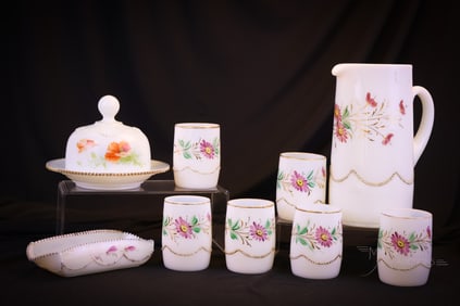 9 pc Lot Victorian Heisey Glass Decorated Beaded Swag