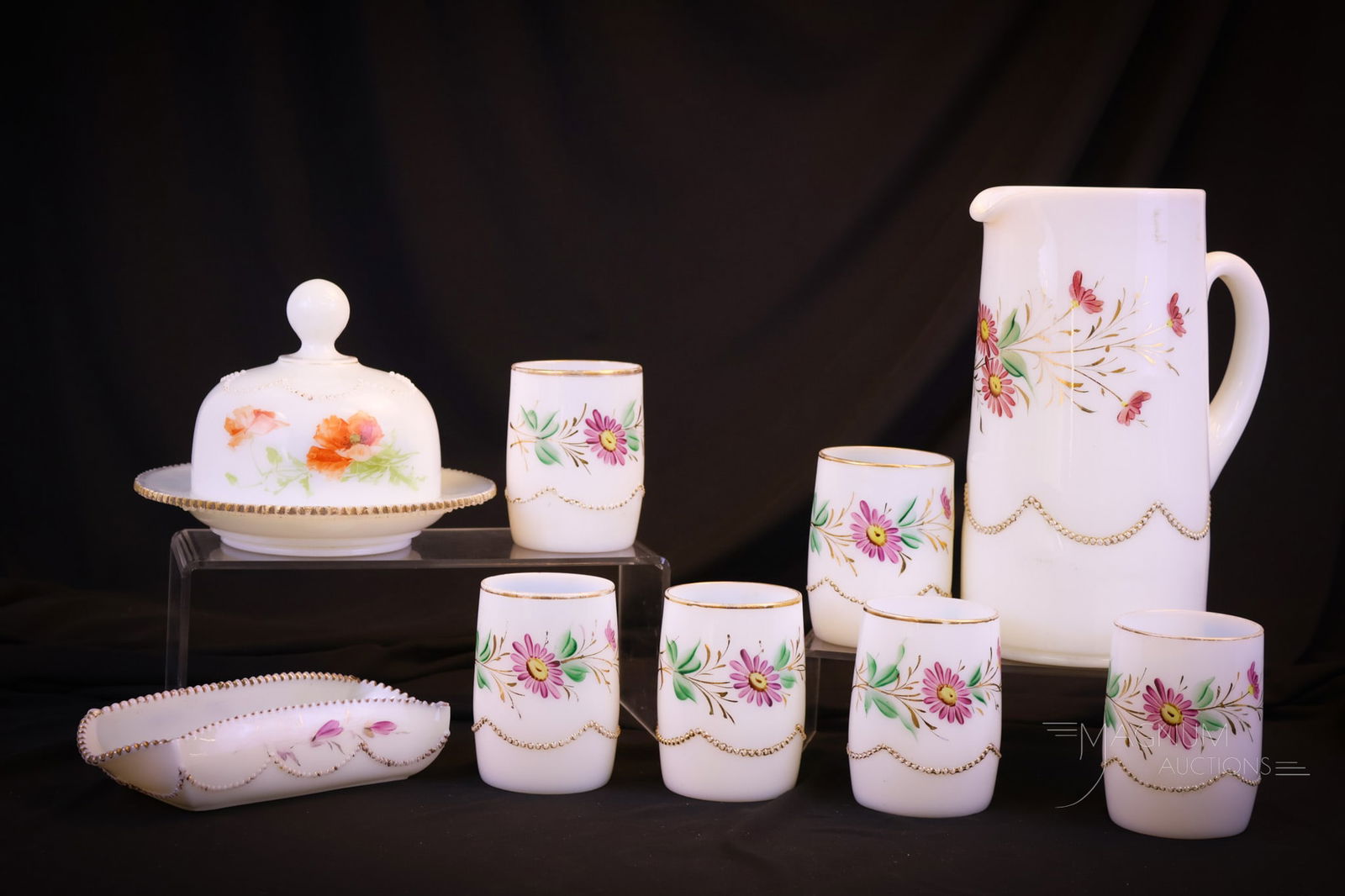 9 pc Lot Victorian Heisey Glass Decorated Beaded Swag: Nine fine examples of Heisey glass from the Victorian period. This grouping consists of various forms in the Beaded Swag pattern. The pieces are also decorated to add to their already dramatic appeara