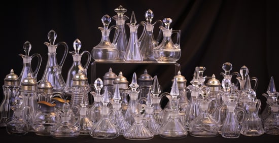 42 pc Lot Heisey Glass in Crystal Syrups and Cruets