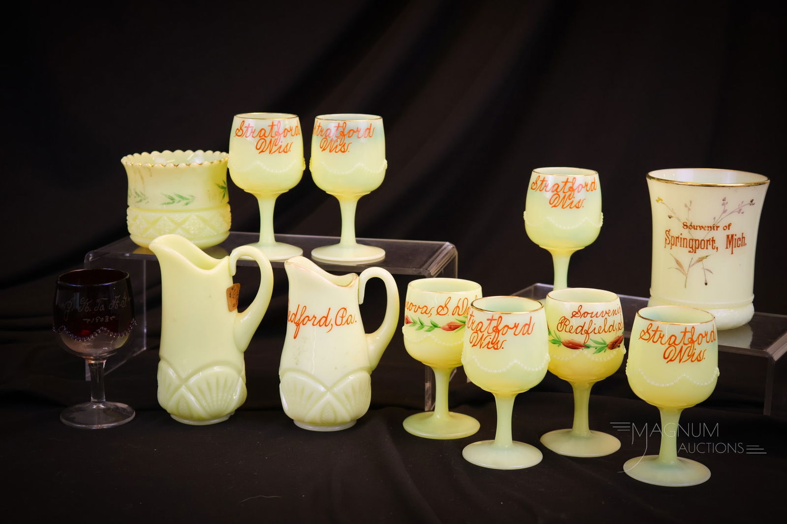 12 pc Lot Heisey Custard Uranium & Ruby Stained Glass: Twelve fine examples of Heisey Glass. This lot includes eleven examples in uranium-rich custard glass and one ruby stained example. The tallest measures 5"" tall. Shipping: At checkout, select ""Arra