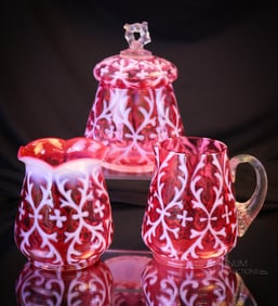 3 pc Lot Northwood Cranberry Opalescent Spanish Lace Victorian Glass Breakfast Set
