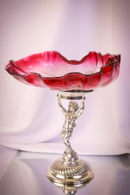 Württembergische Metallwarenfabrik Silverplate Figural Cherub Rubina Glass Brides Bowl Centerpiece