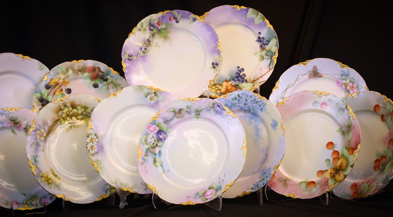 12 pc Set Limoges Hand Painted Porcelain Floral Decorated Plates (1 of 13)