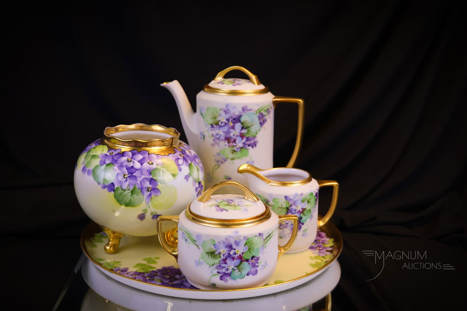 5 pc Lot Violet Hand Painted Porcelain Pickard & Limoges Tea Set & More (1 of 16)