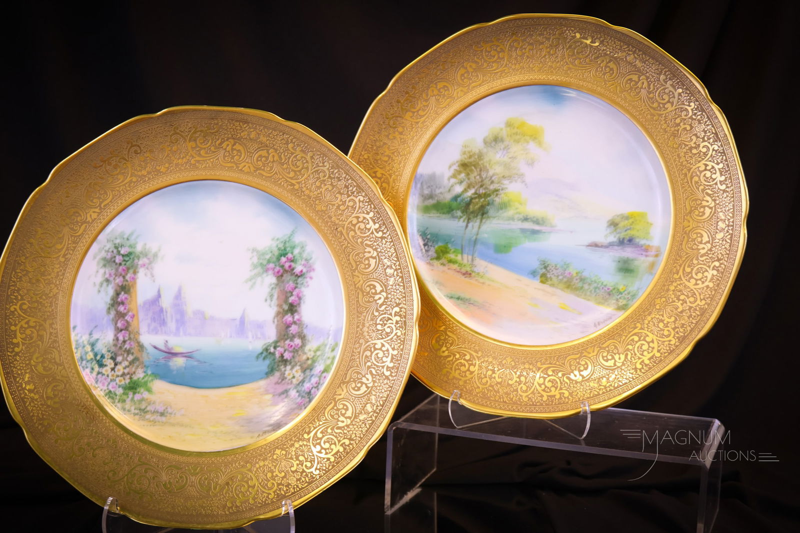 Pair of Pickard Artist "A. Rhodes" Hand Painted Italian Scene Porcelain Plates (1 of 9)