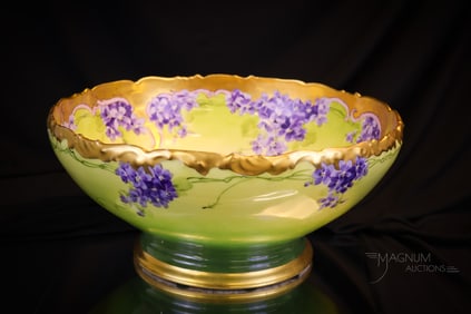 13" T & V Limoges Hand Painted Porcelain Artist signed Julius Brauer Violets Center Punch Bowl