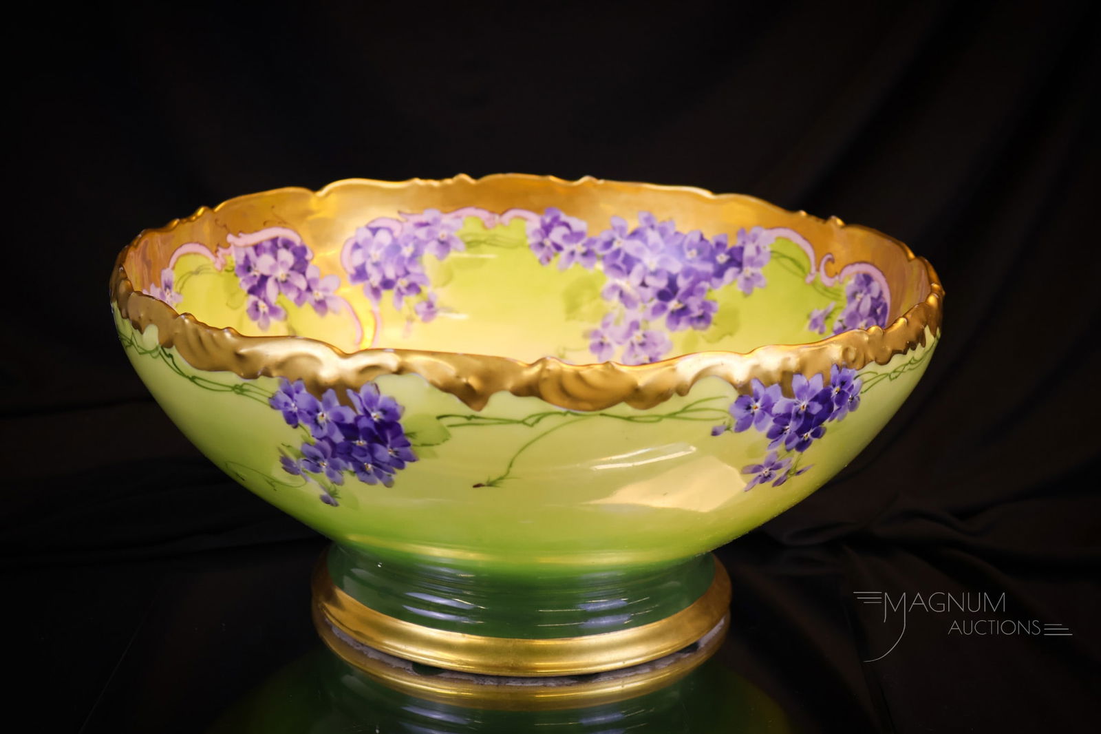 13" T & V Limoges Hand Painted Porcelain Artist signed Julius Brauer Violets Center Punch Bowl: A wonderful and well-done marked T & V Limoges hand-painted porcelain punch or center bowl. This piece is decorated to the fullest with purple violets and gold. The bowl is artist-signed, Brauer. This